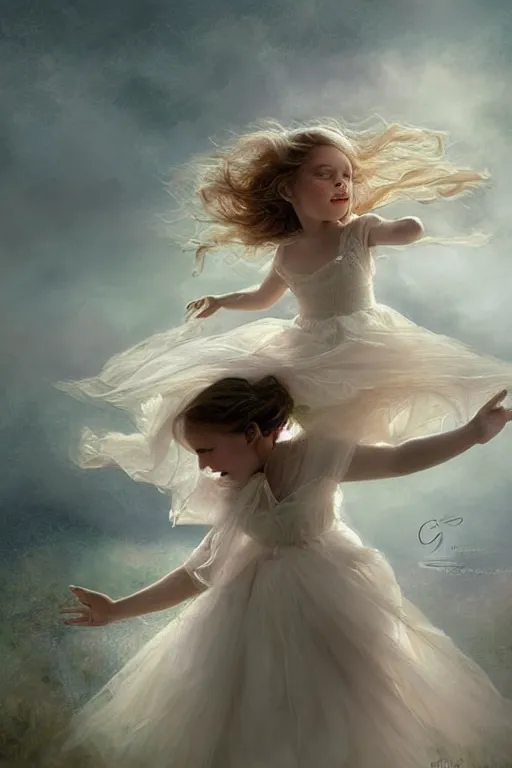 Image similar to very beautiful little girl dancing in the wind, beautiful face, ultradetailed, ethereal, flowers, beautiful wedding dress, gorgeous, volumetric lighting, elegant, digital painting, concept art, illustration, limited color palette, atmosphere and tension, art by greg olsen and liz lemon swindle