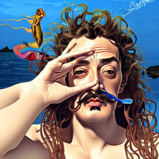 Image similar to salvador dali snorkeling in cap de ras, highly detailed, digital painting, artstation, sharp focus, illustration, art by tan zi and alphonse mucha