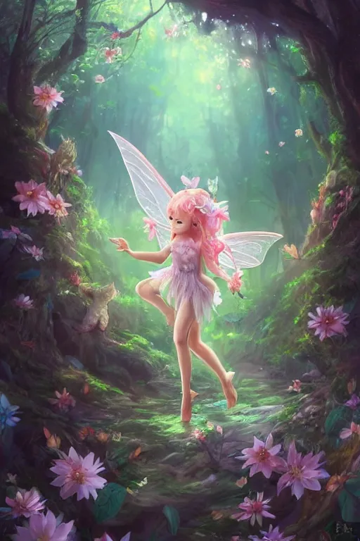 Image similar to a cute and geogerous fairy in the dreamy forest, fantasy, dreamlike, 8 k resolution, hyper detailed, d & d, character design, digital painting, trending on artstation, sharp focus, illustration, art by viktoria gavrilenko, hoang lap, fuji choko, steve zheng,