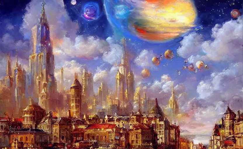 Prompt: Beautiful alchemy cityscpae, a big saturn is in the sky. By Konstantin Razumov, highly detailded