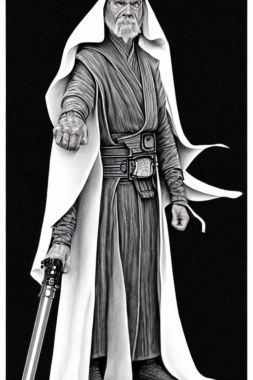 Image similar to a line drawing of an old jedi knight joe fenton, trending on artstation, realistic rendering