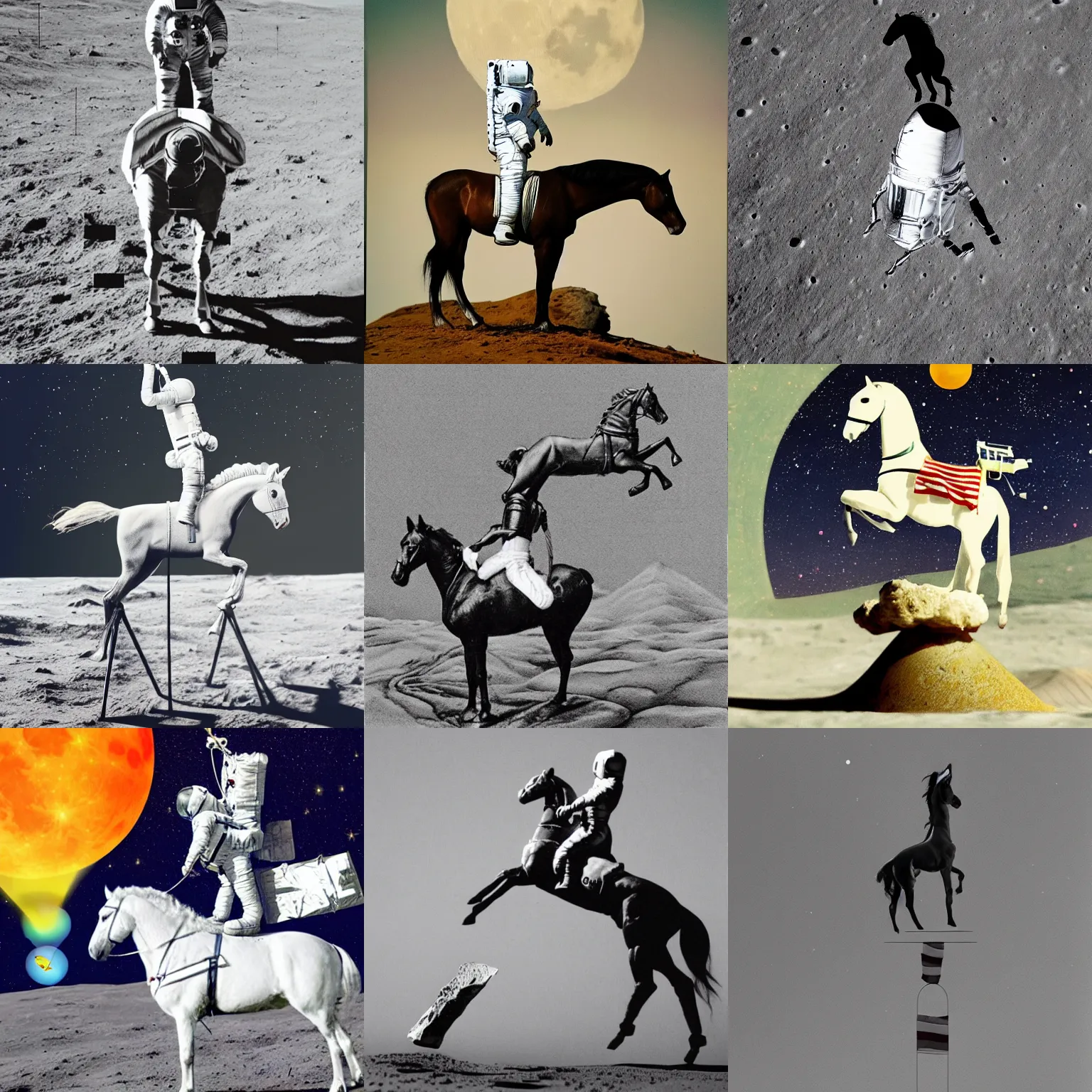 Prompt: horse standing on the head of the astronaut on the moon,