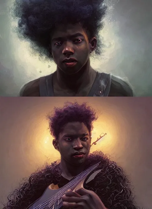 Image similar to fantasy changeling black kid with long curly hair playing electric guitar, between worlds, dim light, front game card, marvel comics, dark, intricate, highly detailed, smooth, artstation, digital illustration by ruan jia and mandy jurgens and artgerm and wayne barlowe and greg rutkowski and zdislav beksinski