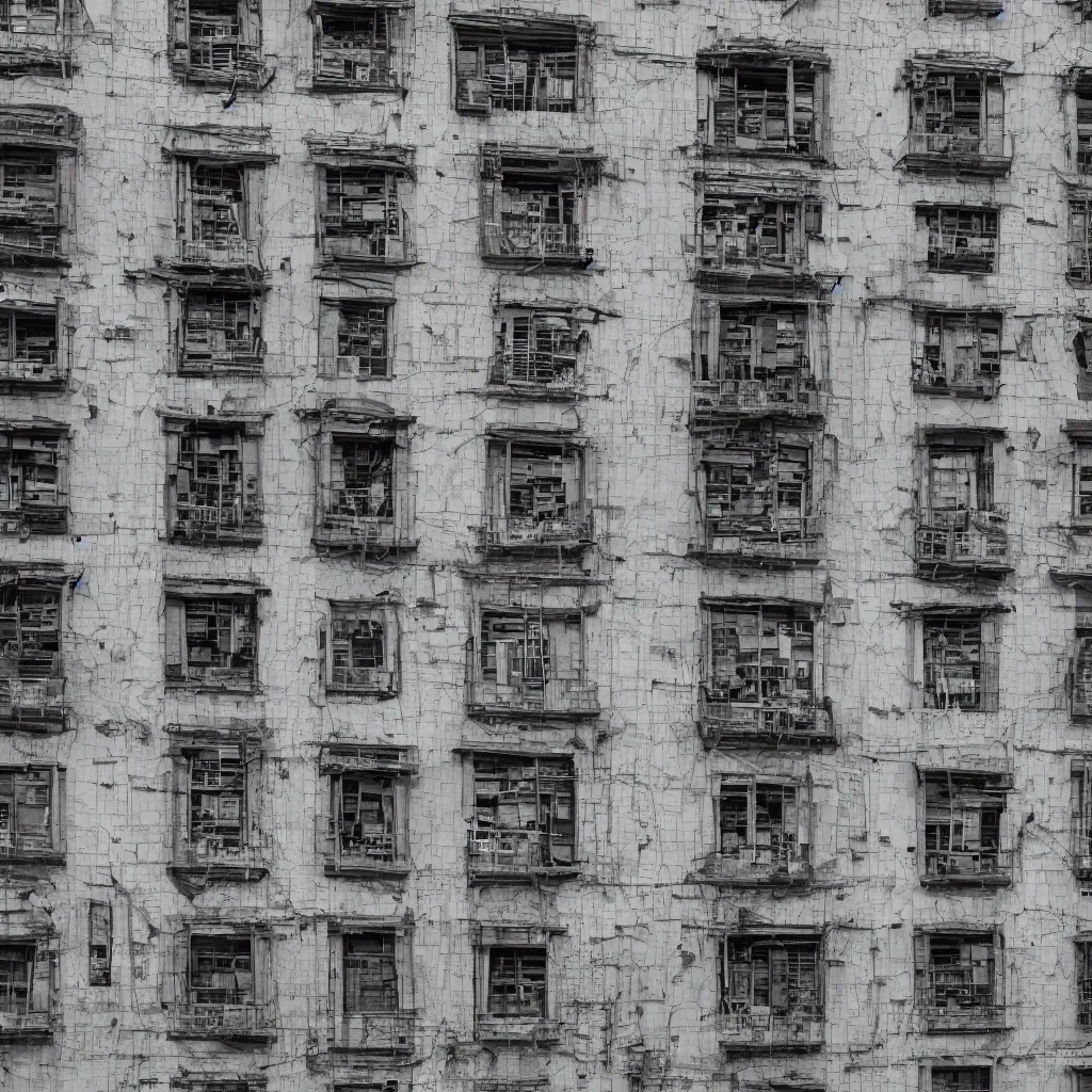 Prompt: a large building facade covered by lots of different makeshift doors, photographed by ansel adams, sony a 7 r 3, f 1 1, fully frontal view, ultra detailed,