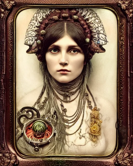 Image similar to daguerreotype hyperrealistic detailed face side portrait of the beautiful cthulhu priestess adorned with curse jewels and ceremonial robes, tintype art by ernst haeckel, john william godward, android jones, alphonso mucha, h. r. giger, gothic - cyberpunk, ornamental, beautiful deep colours, ambrotype