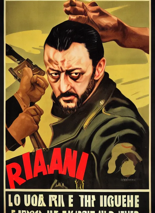 Image similar to Portrait Jean Reno gesture,look of hate, threatening pose, 1940s propaganda poster, full hd,highly detailed