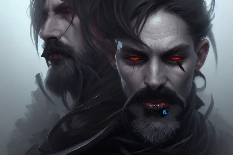 Image similar to Portrait of fog evil man, D&D, black eyes, face, dark fantasy, intricate, elegant, highly detailed, digital painting, artstation, concept art, smooth, sharp focus, illustration, art by artgerm and greg rutkowski and alphonse mucha
