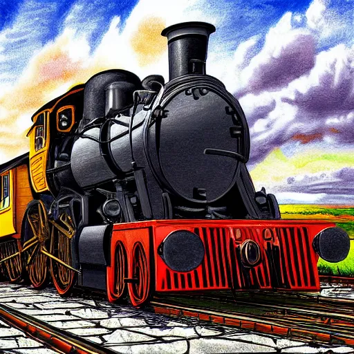 Prompt: Highly detailed steam engine train on a sea of rails, digital painting