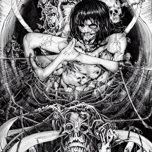 Image similar to 3 6 0 ° angle of a circus of madness and death by godmachine dzo olivier scott fischer yoji shinkawa moebius jean girard shintaro kago junji ito esoteric hypnogogic ethereal ethereality james gurney artstation gustave dore and greg rutowski