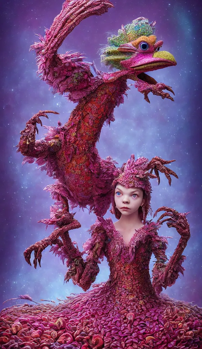 Prompt: hyper detailed 3d render like a Oil painting - kawaii portrait Aurora (a beautiful skeksis muppet fae queen from dark crystal that looks like Anya Taylor-Joy) seen red carpet photoshoot in UVIVF posing in scaly dress to Eat of the Strangling network of yellowcake aerochrome and milky Fruit and His delicate Hands hold of gossamer polyp blossoms bring iridescent fungal flowers whose spores black the foolish stars by Jacek Yerka, Ilya Kuvshinov, Mariusz Lewandowski, Houdini algorithmic generative render, Abstract brush strokes, Masterpiece, Edward Hopper and James Gilleard, Zdzislaw Beksinski, Mark Ryden, Wolfgang Lettl, hints of Yayoi Kasuma and Dr. Seuss, octane render, 8k