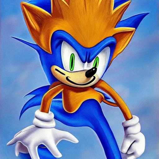 a distorted, surrealist painting of classic Sonic the, Stable Diffusion
