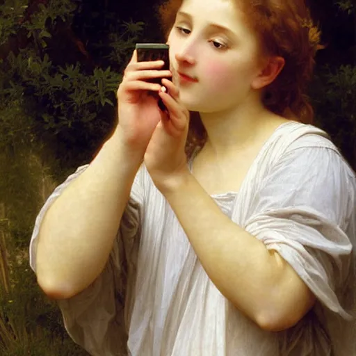 Prompt: a glorious oil painting of an angel talking through an iPhone, by Bouguereau, highly realistic and intricate