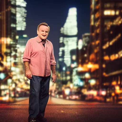 Image similar to a still of Robin Williams. Shallow depth of field. City at night in background, lights, colors ,studio lighting, mood, 4K. Profession photography