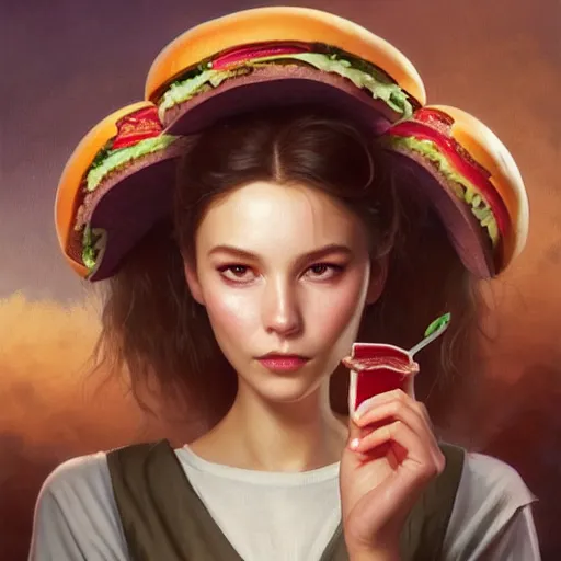 Prompt: portrait of moby eating hamburgers, extra onions and ketchup, luscious patty with sesame seeds, feminine ethereal, handsome, d & d, fantasy, intricate, elegant, highly detailed, digital painting, artstation, concept art, matte, sharp focus, illustration, art by artgerm and greg rutkowski and alphonse mucha