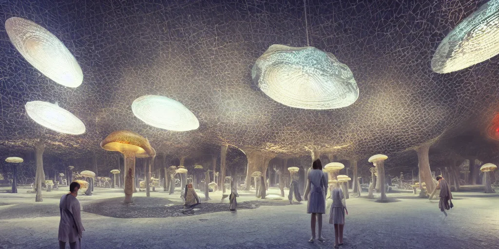 Image similar to Photorealistic exterior of Istiqlal mosque bulit in giant glowing mushroom underworld dark cave, people and androids wearing traditional japanese clothing. photorealism, UHD, amazing depth, glowing, golden ratio, 3D octane cycle unreal engine 5, volumetric lighting, cinematic lighting, cgstation artstation concept art