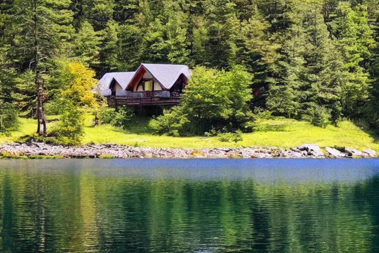 Prompt: cottage in the woods on a cliff beside a lake relax style