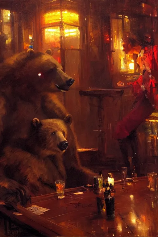 Image similar to portrait of bear gambling in the night club by anders zorn, wonderful masterpiece by greg rutkowski, beautiful cyberpunk lofi cinematic light, by greg manchess, jessica rossier