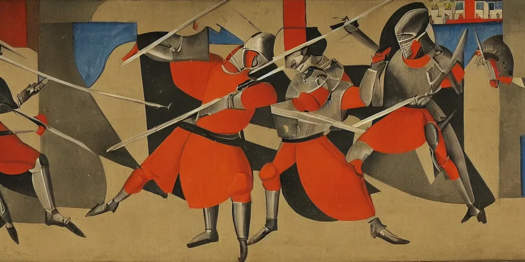 Image similar to italian futurism style painting of medieval knights dueling