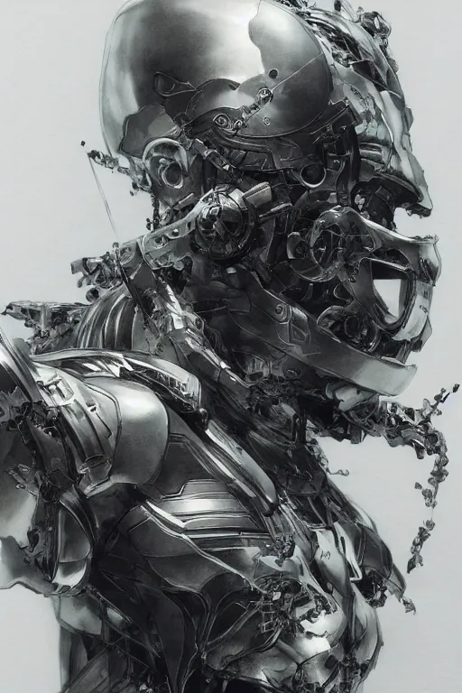 Prompt: detailed graphite art of a cyborg with japanese aesthetic, detailed character drawing, ruan jia, yoji shinkawa, yoshitaka amano, award - winning art