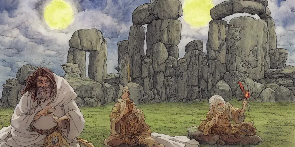 Prompt: a hyperrealist studio ghibli watercolor fantasy concept art of a giant long haired medieval monk in lotus position in stonehenge with a starry sky in the background. a giant alien starship from independence day ( 1 9 9 6 ) is floating in the air. by rebecca guay, michael kaluta, charles vess