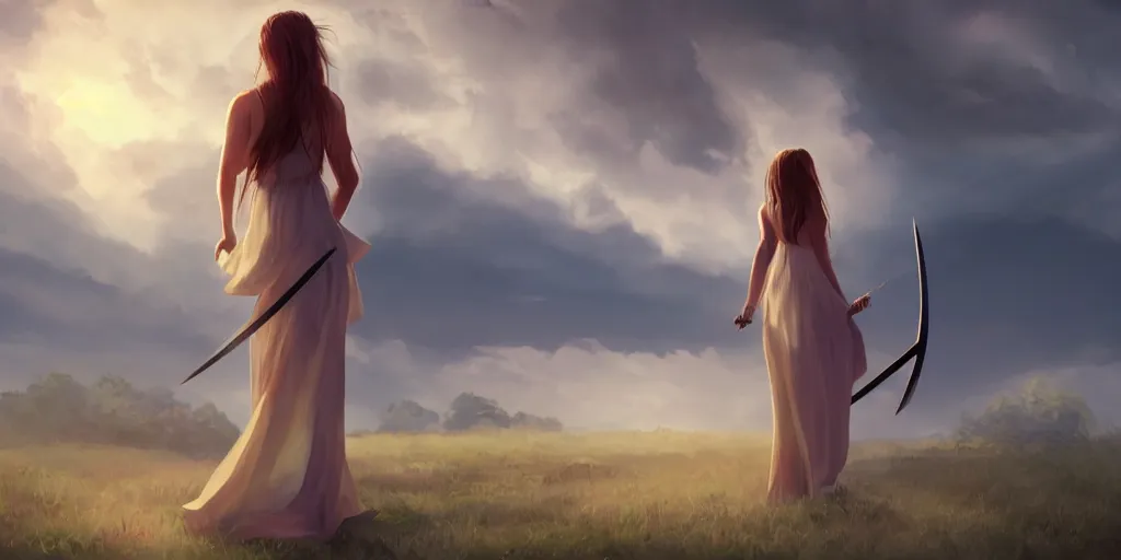 Prompt: back shot of one beautiful girl in sundress gazing back, holding two swords, digital art by wlop. artstation contest winner, cinematic paint. lower shot. dramatic cloud in background. sunset