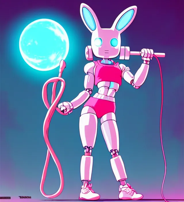 Image similar to retrowave robot rabbit girl in workout clothes, carrying eletro - whip, animation character design by akira toriyama, don bluth, jack kirby, alex toth, hasbro, action - adventure, sharp detail, artstation trending, conceptart. com