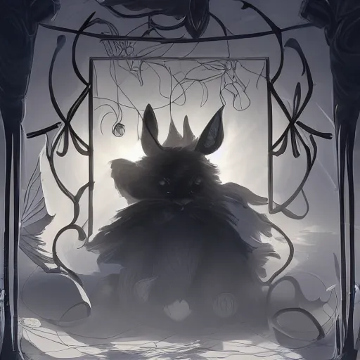 Prompt: an illustration of a giant shadow rabbit summoned through a gate of energy, fine lines, highly detailed, 4 k, digital art, artstation