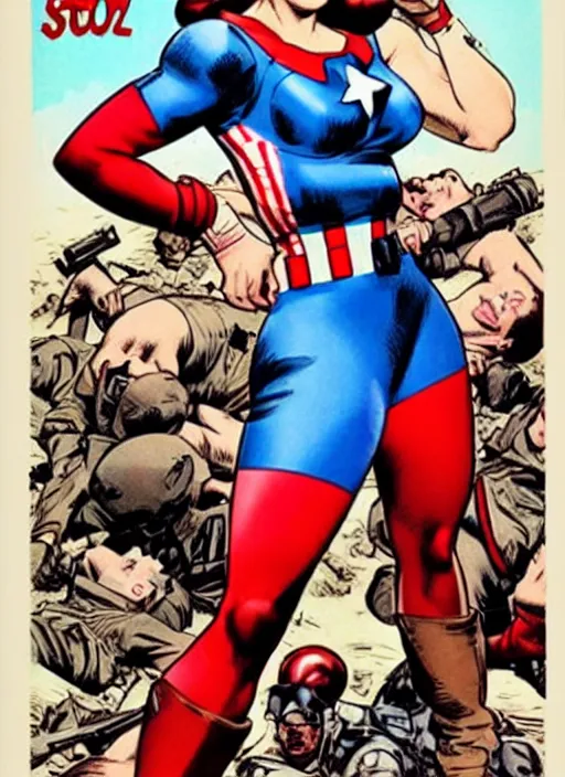 Image similar to sultry female captain america standing on a pile of defeated, beaten and broken ss soldiers. feminist captain america wins ww 2. american ww 2 propaganda poster by rob liefeld and pixar. gorgeous face. pin up. overwatch.