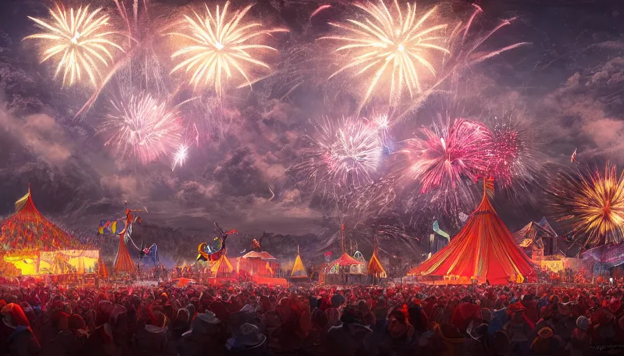 Prompt: Giant illuminated circus in the snowy mountains with fireworks in the sky at night, hyperdetailed, artstation, cgsociety, 8k