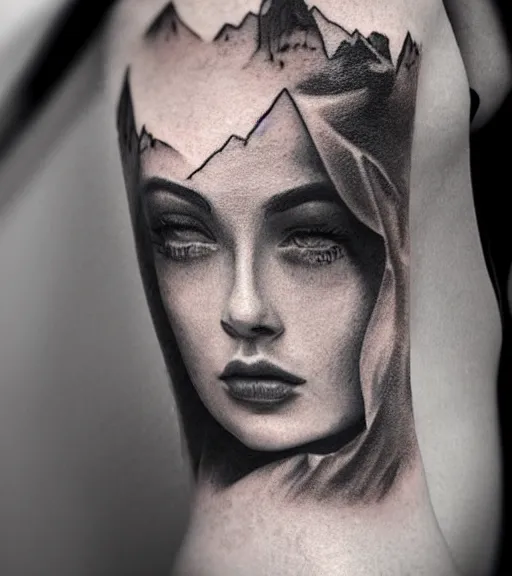 Image similar to amazing blend of a hyper realistic mountain scenery with a beautiful woman face, tattoo design sketch, in the style of matteo pasqualin, hyper - realistic, amazing detail, black and white