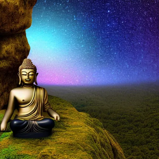 Prompt: a dreamy buddha meditating in a cave and overlooking a vast plain, mossy rocks, a sky full of stars background, 4 k, hyper realistic, in he style of national geographic, coherent design, symmetrical, vivid colour, complementary colour, golden ratio, detailed, sharp lines, intricate, rainbow shift, in unreal 3 d engine, ray tracing, octane render