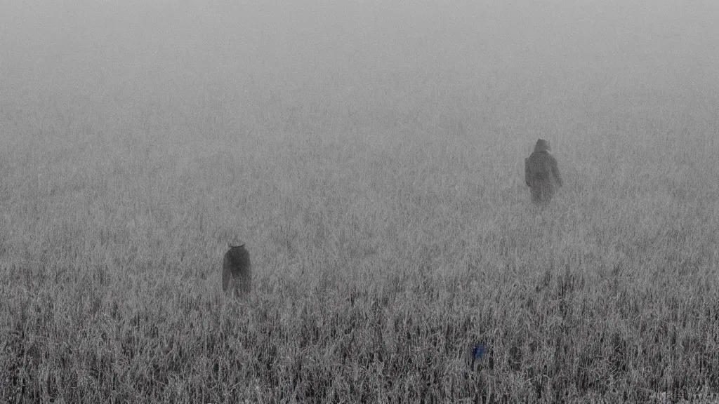 Image similar to crowd skeleton standing in a stomry, foggy wheat field, in the style of andrew wyeth, fine details