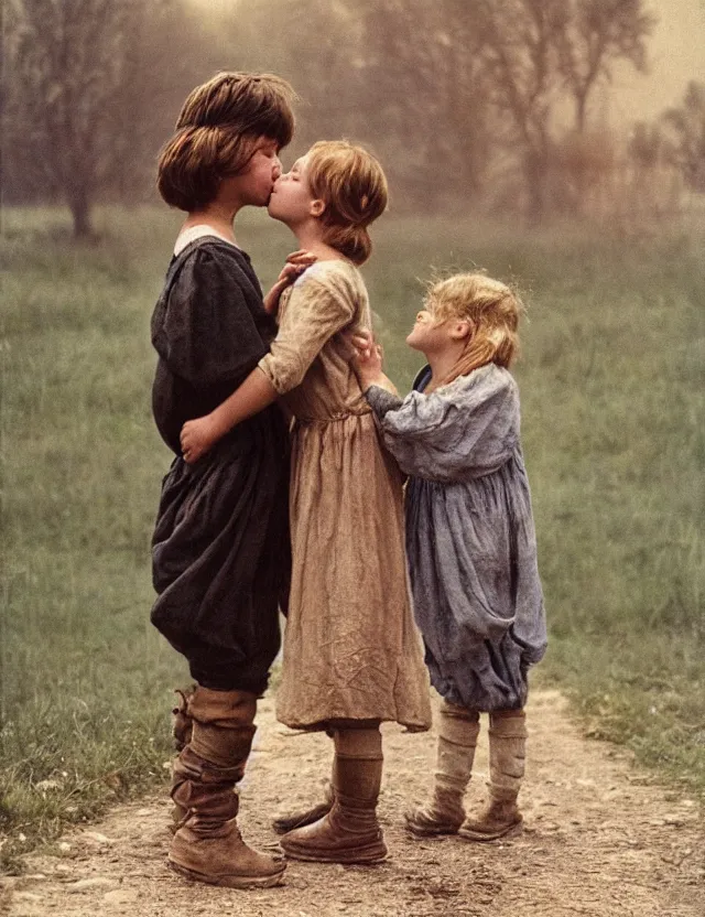 Prompt: peasant boy and girl first kiss, secretly on a village, Cinematic focus, Polaroid photo, vintage, neutral colors, soft lights, foggy, by Steve Hanks, by Serov Valentin, by lisa yuskavage, by Andrei Tarkovsky