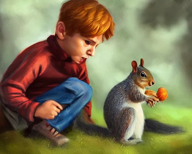Image similar to a little boy play with a squirrel by samuel smith trending on artstation