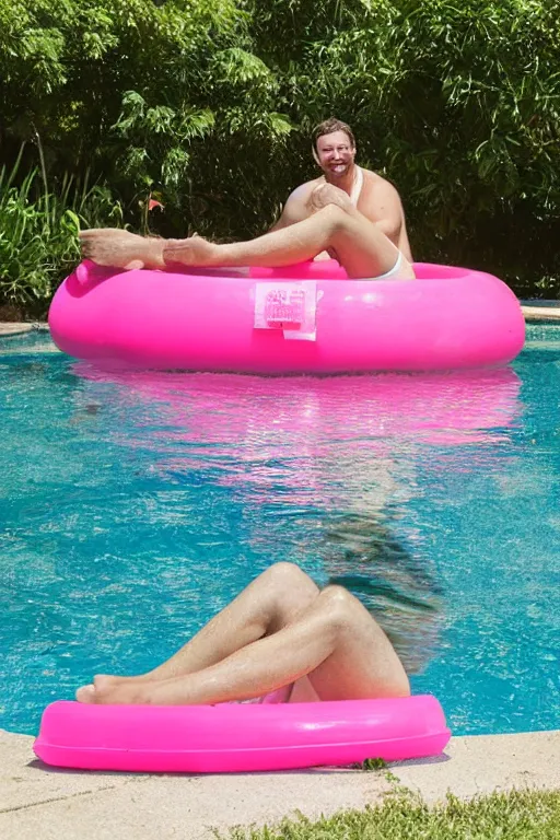 Image similar to man sitting in a pink kiddie pool, lawn flamingo, backyard, pool floaties