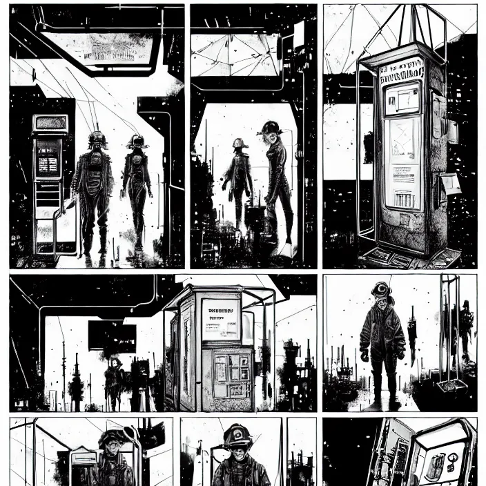 Image similar to sadie sink as a miner inside a minimalist steampunk automated kiosk with options to choose from. black and white, pencil and ink. scifi cyberpunk. by gabriel hardman, joe alves, chris bonura. cinematic atmosphere, detailed and intricate, perfect anatomy