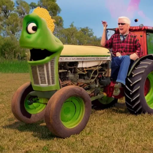 Image similar to high - quality of steve martin driving a tractor, being chased by barney the dinosaur and a swarm of bees, 4 k