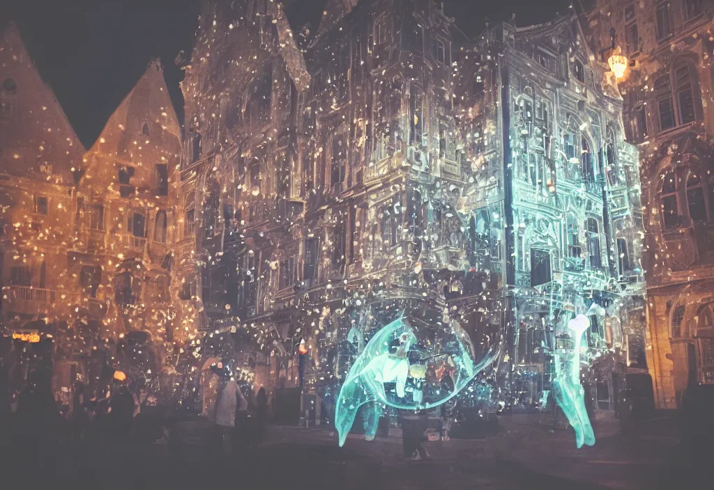 Prompt: 3 d 👻 popping out of curved screen, town square, volumetric lighting, bokeh, creterion collection, shot on 7 0 mm, instax