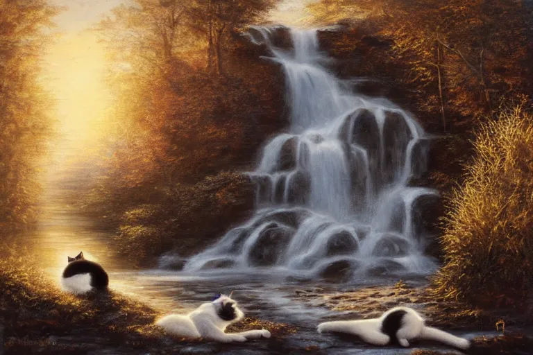 Image similar to a black and white cat sleeping next to a waterfall, surrounded by common snowdrops, golden hour, painting Mark Keathley