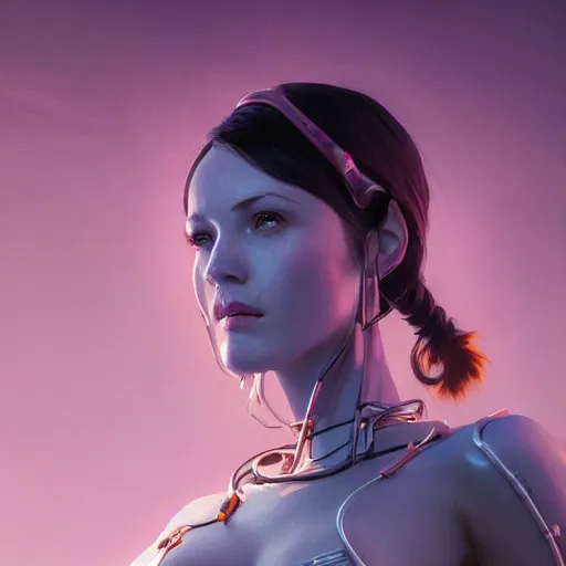 Image similar to highly detailed portrait of a robot woman, in gta v, stephen bliss, unreal engine, fantasy art by greg rutkowski, loish, rhads, ferdinand knab, makoto shinkai and lois van baarle, ilya kuvshinov, rossdraws, tom bagshaw, global illumination, radiant light, detailed and intricate environment