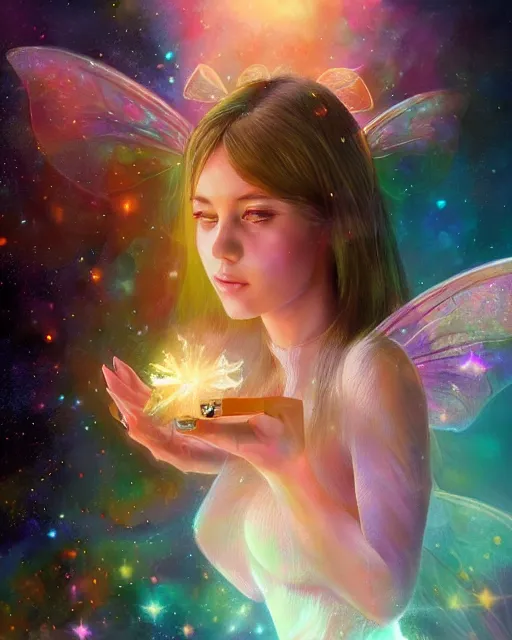 Image similar to a detailed image of an attractive!!!! girl with psychedelic! fairy wings holding a crystal containing all of reality and galaxies, by greg rutkowski artgerm ross tran ilya kuvshinov. 7 0 mm, volumetric lighting, digital art, subtle and detailed