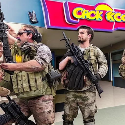 Prompt: Seal Team raiding a Chuck-E Cheese, realistic