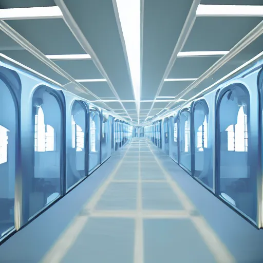 Prompt: long hall in futuristic lab, full of robots, light blue and white, background of resident evil game