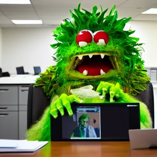 Prompt: a salad monster sits on a monitor inside an office