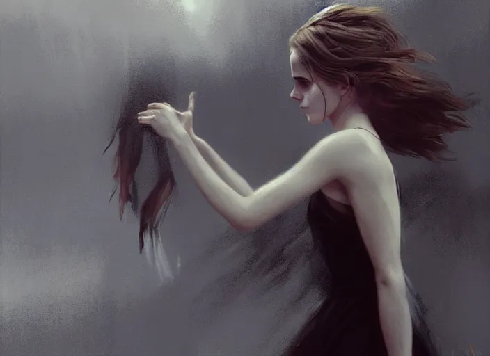 Prompt: emma watson white dress girl chasing from grim reaper, messy hair, messy lines, scared face, dramatic situation, specular reflection, occlusion shadow, intricate, bokeh, by ilya kuvshinov and jeremy lipking and quentin mabille