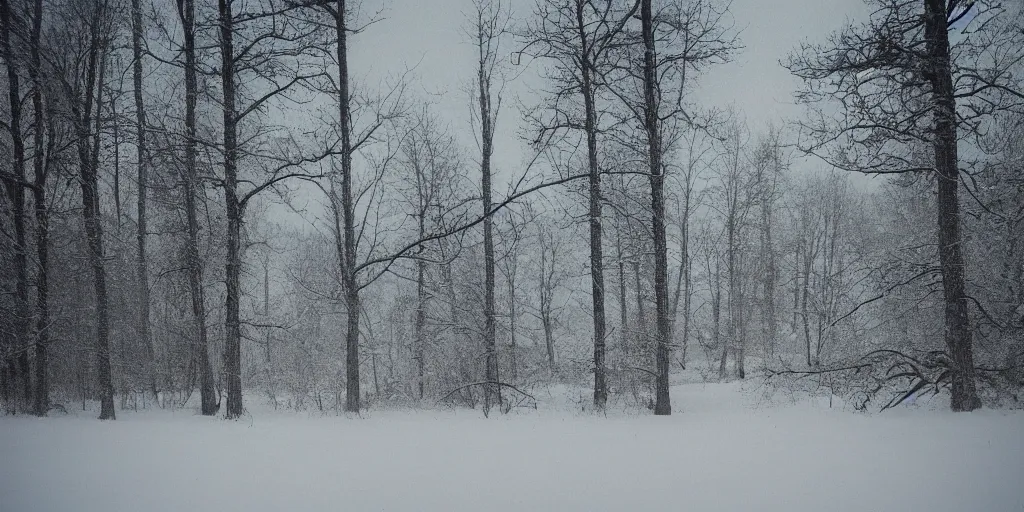 Image similar to photo, bigfoot faintly appears in the distance, barely able to be seen. cold color temperature, snow storm. hazy atmosphere. humidity haze. kodak ektachrome, greenish expired film, award winning, low contrast