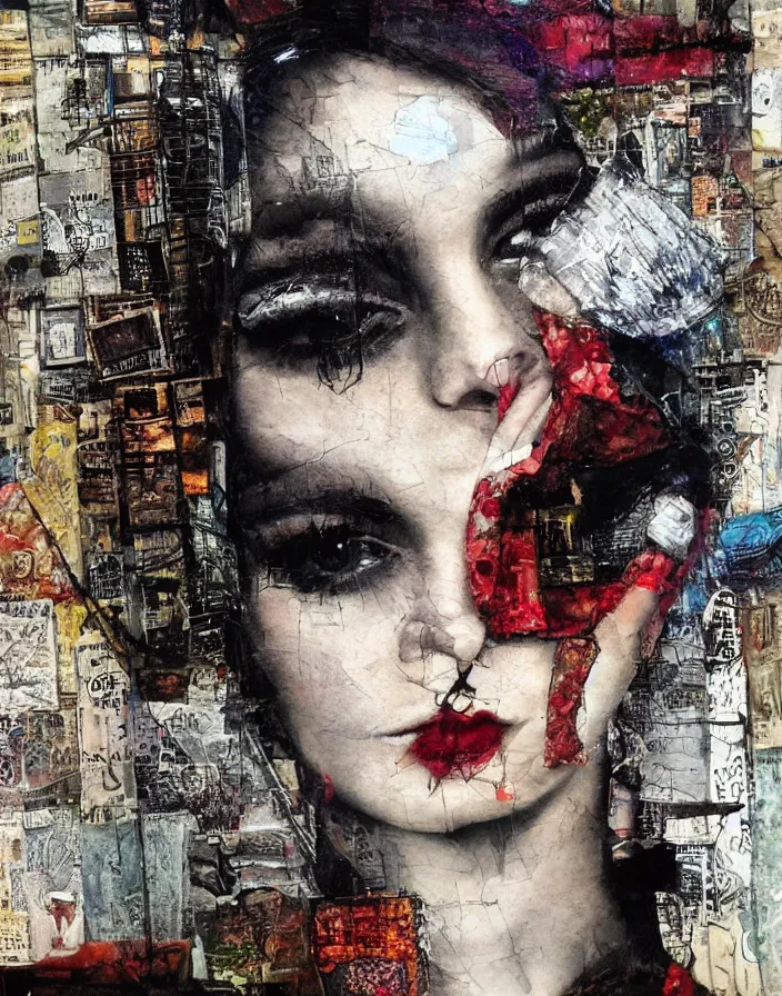 Prompt: urban decadent romance detailed photo and highly reliefed analogue mixed media collage with canvas texture in style of conteporary art, punk art, hyperrealistic beautiful face, photorealistic, expressionism, masterpiece, perfect composition, spectacular quality, intricate oil details