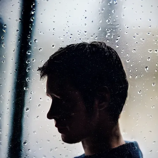 Prompt: a beautiful people photographed through a rainy window, bokeh, cinematic light,