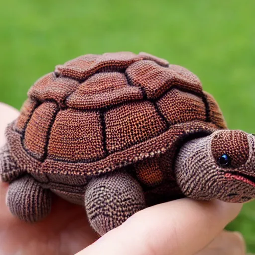 Image similar to a closeup photorealistic smiling knitted tortoise.