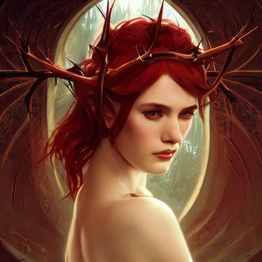 Prompt: portrait of very beautiful elf, rose thorn crown, thorns everywhere, headshot, pale skin, 4k, rule of thirds, extreme detail, detailed drawing, trending artstation, hd, fantasy, D&D, realistic lighting, by Alphonse Mucha, Greg Rutkowski, sharp focus, backlit, bright red hair, elegant